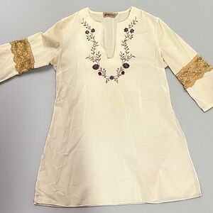Bisou Bisou Cream Tunic with Gold and Red Embroidery